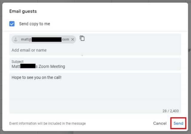 Google Calendar email invitation with email entered, message included, and Send highlighted