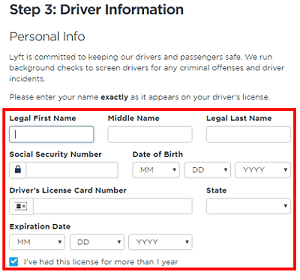 Lyft driver information form