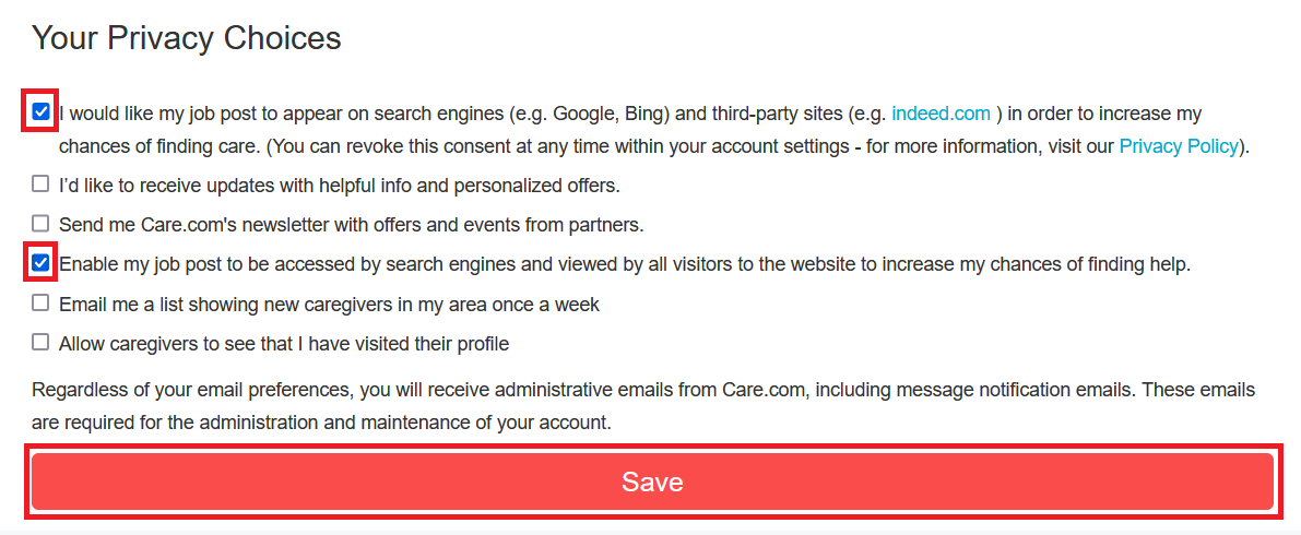 Options for limiting who can find your job postings on Care.com