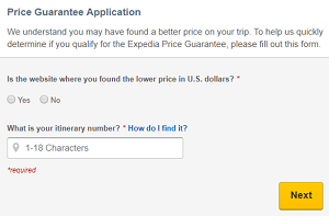 Expedia Price Guarantee refund application form