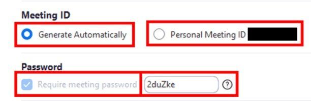 Schedule meeting choose to generate new or use personal meeting ID and setting a password