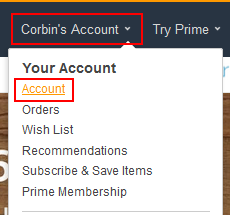 Amazon account settings menu