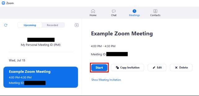 Start button for scheduled meeting