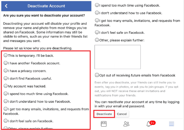 Give a reason for deactivating your Facebook account