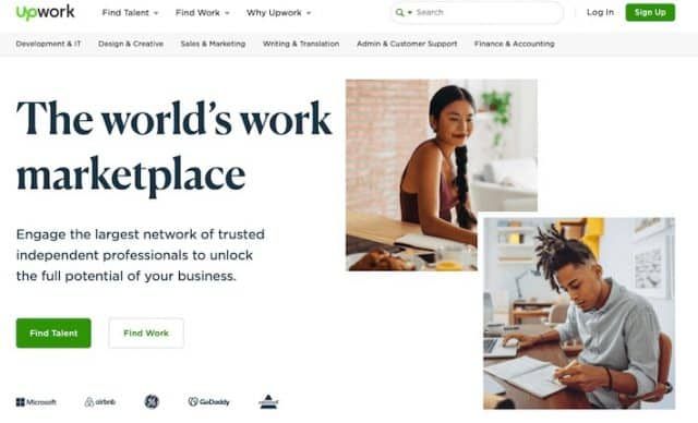 Upwork homepage with a male and female professional