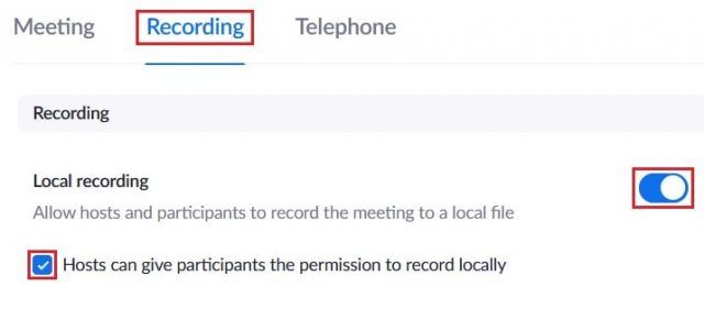 Enabling or disabling local recording options