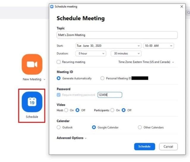 Schedule meeting options screen