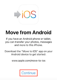 Continue to get code for Move to iOS