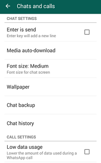 WhatsApp chats and calls settings menu