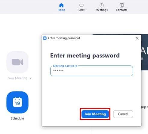 Enter meeting password prompt with password entered and Join Meeting button