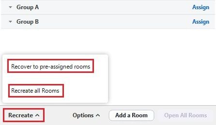Recreate breakout rooms function with recover to pre-assigned rooms option available