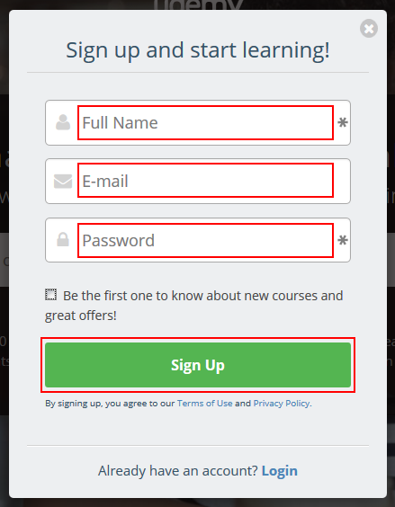 The Udemy sign up form