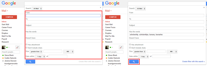 Select Gmail search options