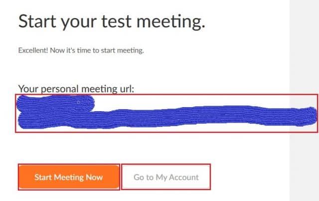 Start a test meeting screen with personal meeting URL