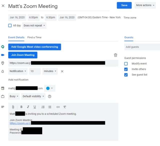 Google Calendar meeting event