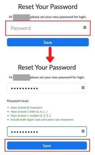 Entering and confirming a suitable new Zoom password