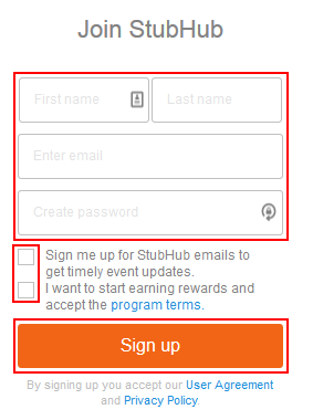 The sign up form for StubHub