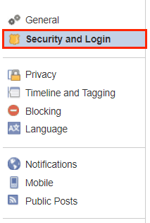 Security and Log In settings for Facebooks