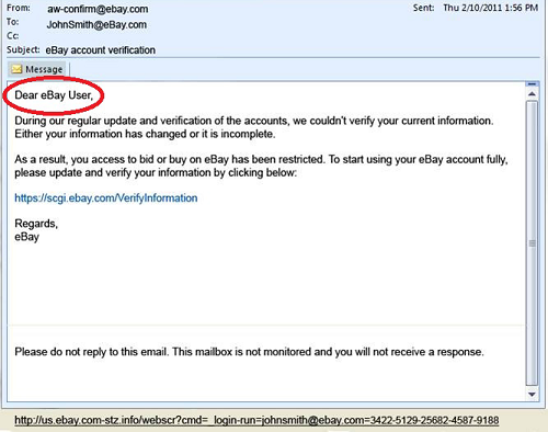 eBay fake scam email example