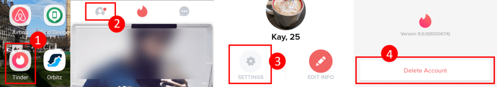 Screenshot sequence of how to delete a Tinder account