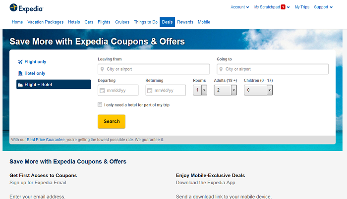 Expedia home page