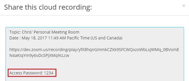 Example of password information for a shared recording