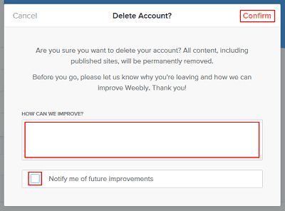 Leave feedback and confirm Weebly account deletion