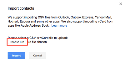 Choose to import contacts through a CSV or vCard file