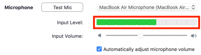 Microphone settings Input Level bar