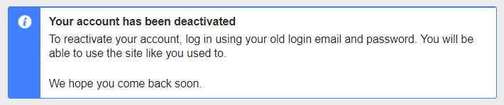 Confirmation that your Facebook account has been deactivated