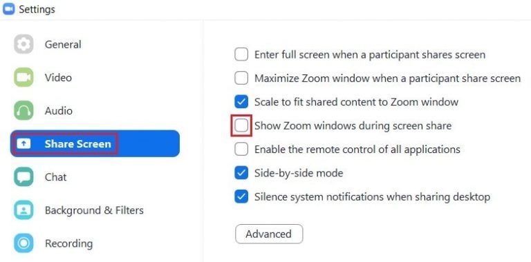 Setting on the Zoom desktop client to show Zoom windows during screen share