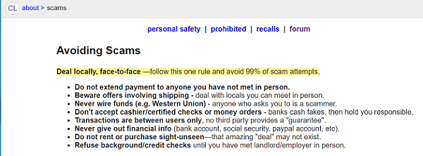 Craiglist advice on common scams