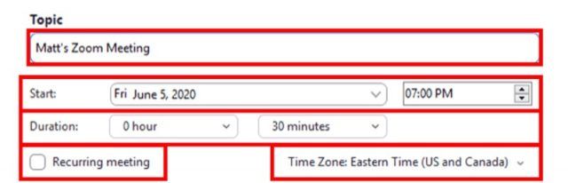 Schedule meeting topic, date, and time fields