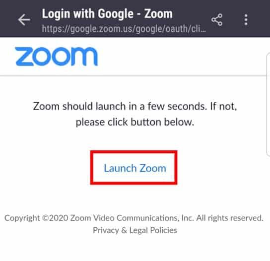 Log in with Google page with Launch Zoom