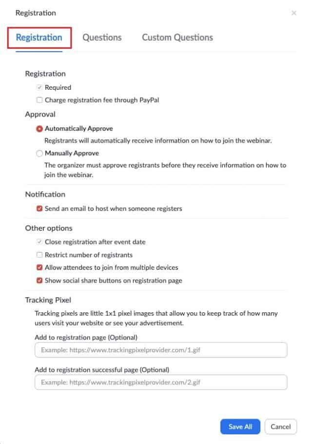 Registration tab