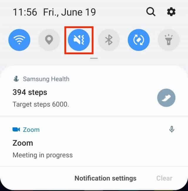 Notification panel with a sound icon on an Android device