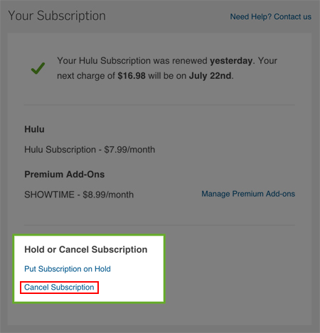 Hulu cancel subscription button