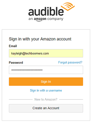 Sign in screen for Amazon account on Audible website