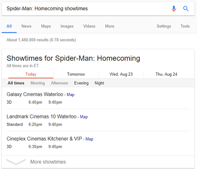 Movie show times for SpiderMan Homecoming