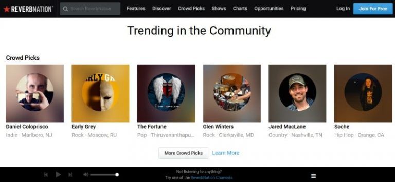 ReverbNation home page with trending artists