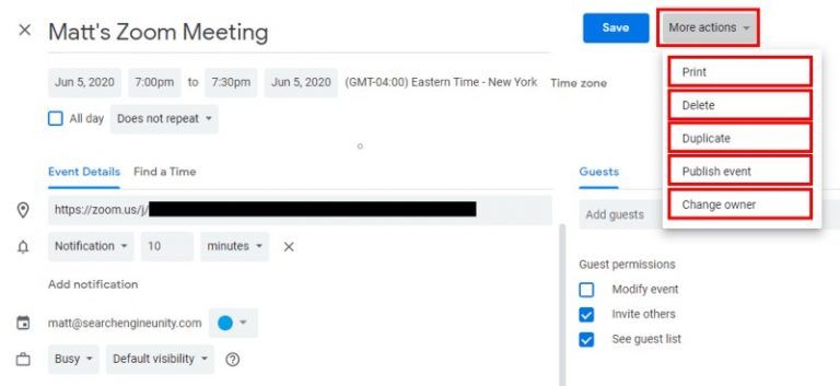 Google Calendar event scheduling more actions button