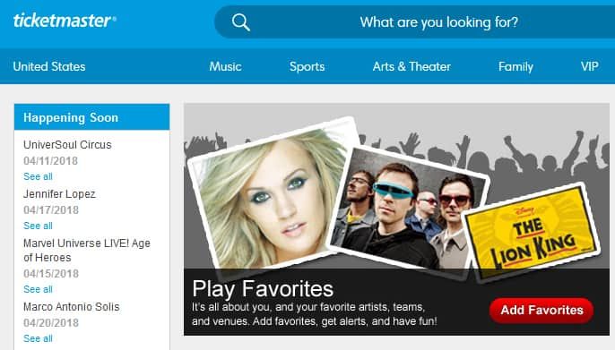 Ticketmaster homepage