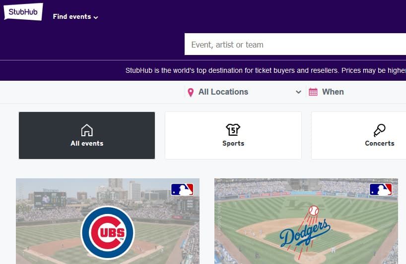 StubHub homepage
