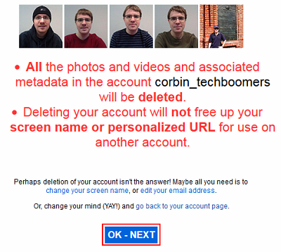 Flickr delete account warning screen