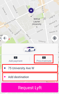 Choosing a pick-up and drop-off point, and getting a fare estimate