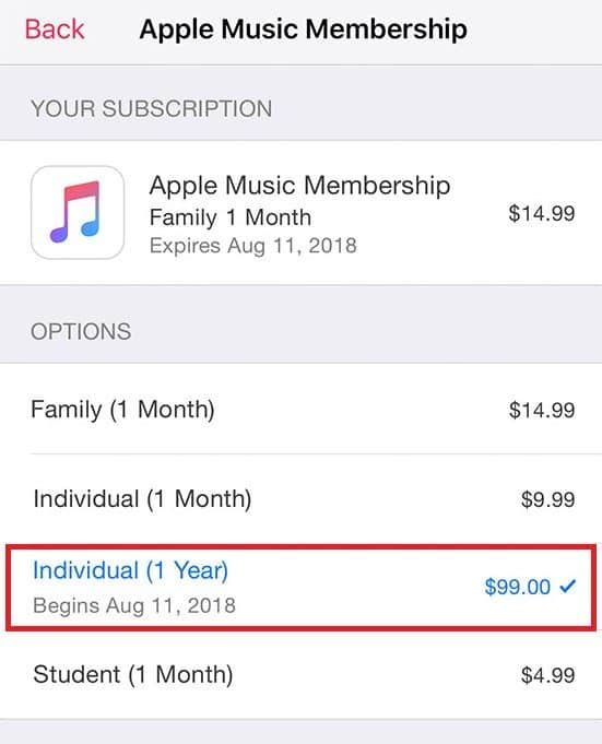 An option for an annual individual subscription to Apple Music