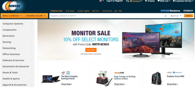 Home page of the online electronics store Newegg