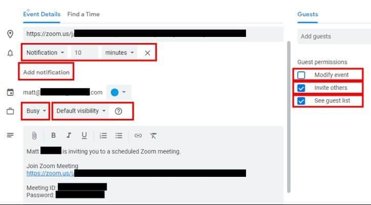 Google Calendar event scheduling event details options