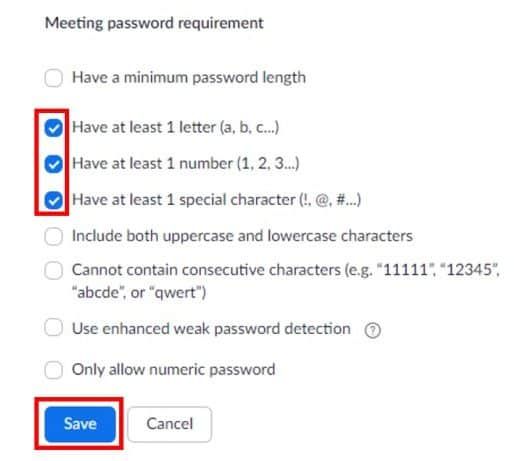 Selected meeting password requirements