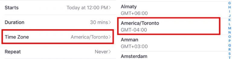 iOS schedule meeting time zone selection